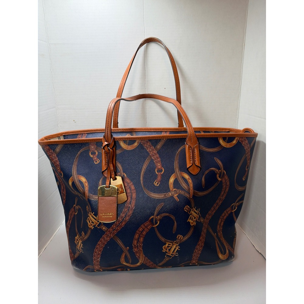 Lauren Ralph Lauren Tote Bag Womens Large Navy Blue Equestrian Belt Print Gold